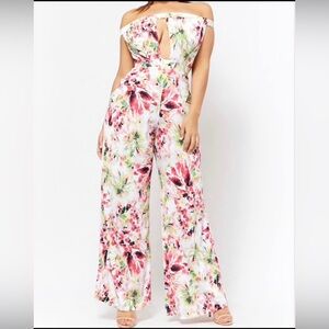 Plus size off the shoulder floral jumpsuit